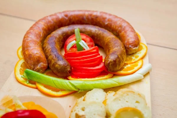 Traditional sausages are arranged for review at food contest — Stock Photo, Image