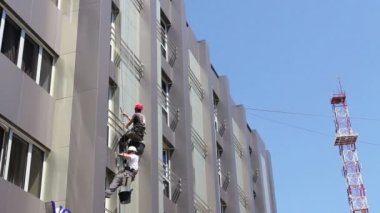 Takım iş yerinde endüstriyel dağcılar onlar bina cephe yıkama vardır. İki endüstriyel dağcılar yıkama, modern ofis binası Cephe Temizlik
