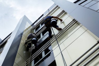 Takım iş yerinde endüstriyel dağcılar onlar bina cephe yıkama vardır.