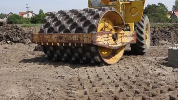 Enorme Rodillo Carretera Con Espigas Compactar Suelo Sitio Construcción Trabajador — Vídeos de Stock