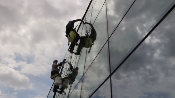 工业登山者在窗户之间的接头上应用硅胶 工业登山者将硅树脂应用于建筑玻璃幕墙之间的橡胶接合点 — 图库视频影像