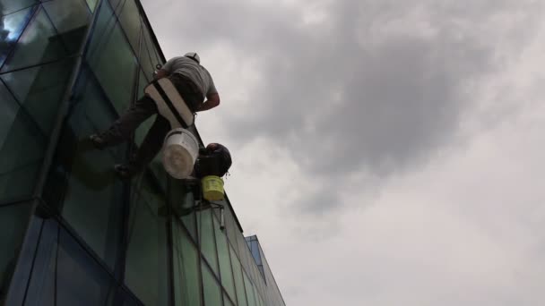 Industriekletterer Tragen Silikon Auf Fugen Zwischen Fenstern Auf Industriekletterer Tragen — Stockvideo
