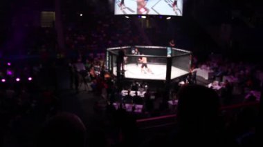 Zrenjanin, Voyvodina, Sırbistan 19 Ekim 2019: Mma Xxiv Sbc Turnuva Silueti, Mama Dövüş Turnuvası 'nda seyircilerin gölgeleri, sekizgen sahnesi, bulanık arka plan. H.264 video kodlayıcı