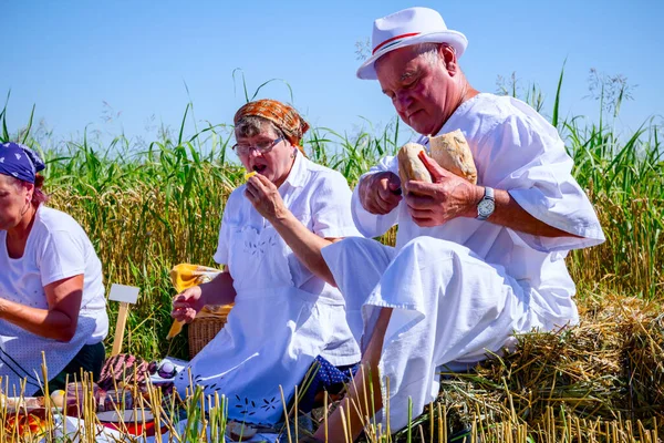 Muzlja Vojvodine Serbie Juillet 2019 Les Mains Masculines Tranchent Pain — Photo