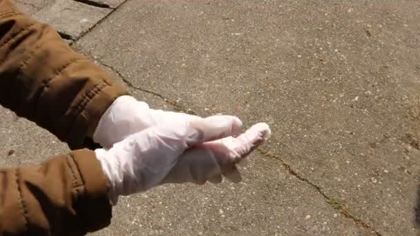 Woman Taking Gloves Hands Woman Takes Rubber Gloves Her Hands — Stock Video