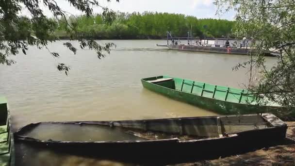 很少有老旧的划船渔船被拴在岸上 有的被海水淹没了 有的停泊在宽阔的河岸上 — 图库视频影像