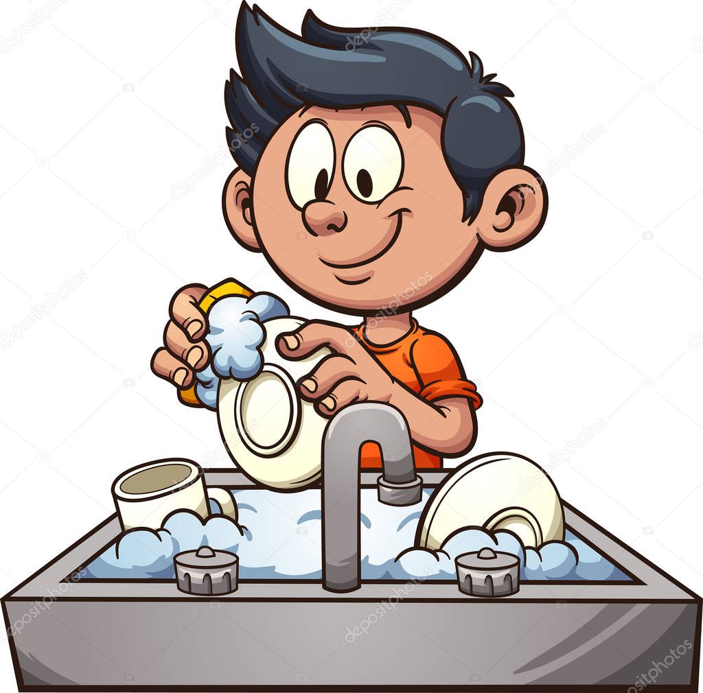 Boy washing dishes