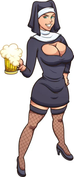 Sexy monja sosteniendo una cerveza — Vector de stock
