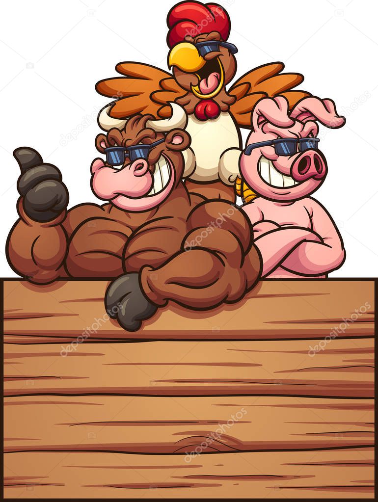 Bull, pig and chicken