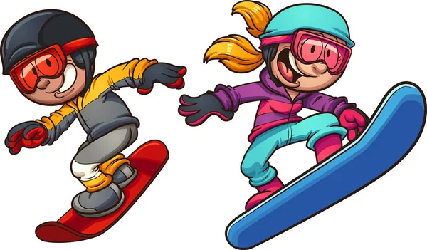 Snowboarding menino e menina — Vetor de Stock