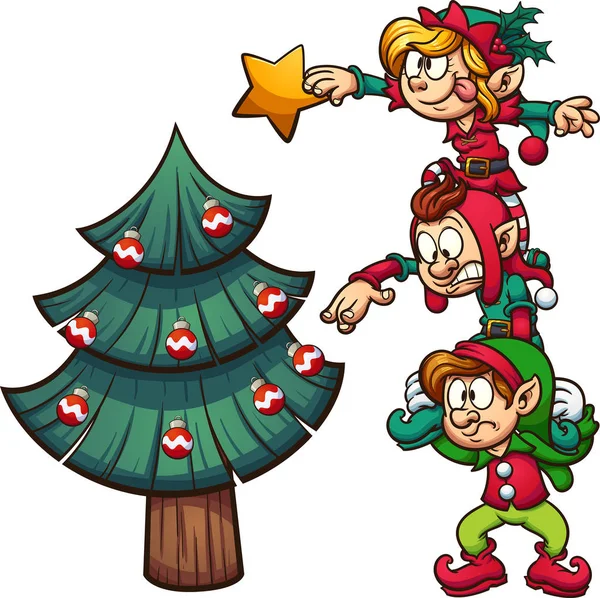 Elfos decorando el árbol de Navidad — Vector de stock