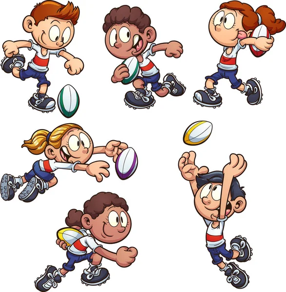 Rugby oynayan çizgi film çocuklar — Stok Vektör
