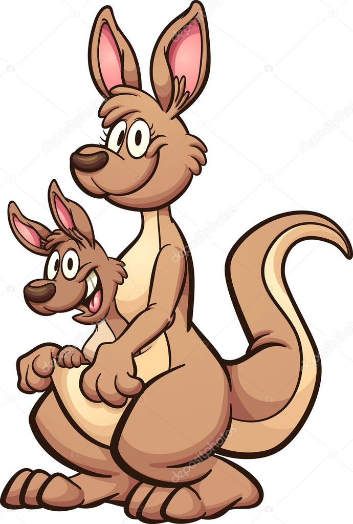 Illustration: baby kangaroo in pouch cartoon | Cartoon Mother Kangaroo