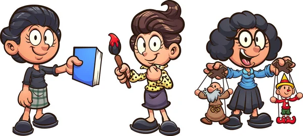 Chicas Artísticas Con Diferentes Especialidades Vector Ilustración Clip Dibujos Animados — Vector de stock