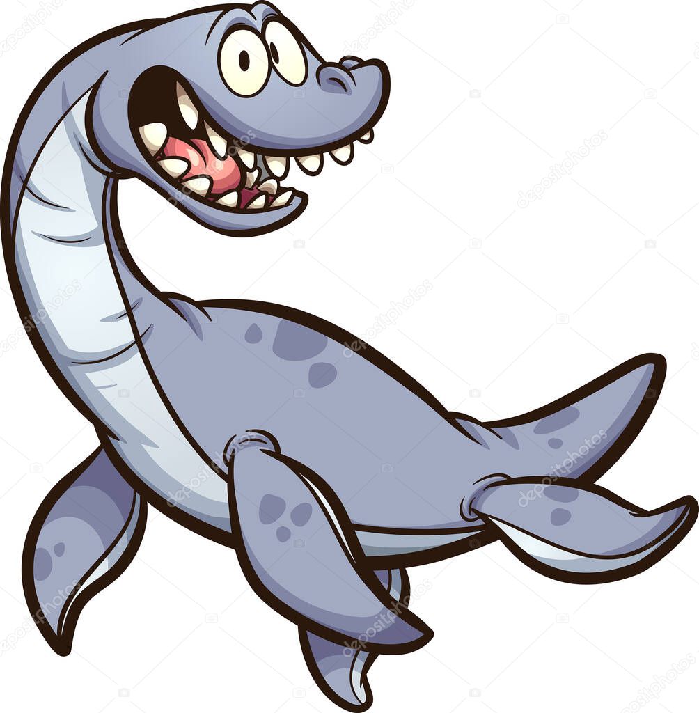 Cartoon plesiosaurus dinosaur with big smile swimming. Vector clip art illustration with simple gradients. All on a single layer
