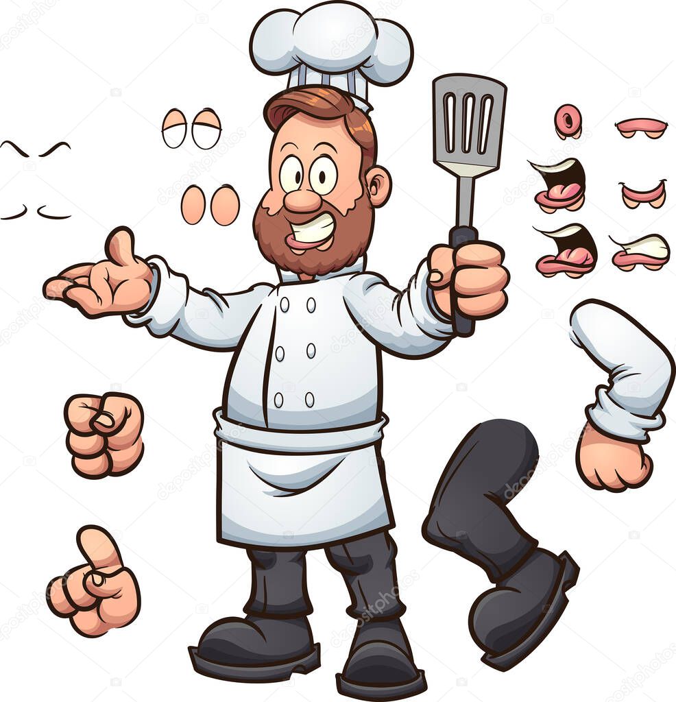 Cartoon chef with different poses and expressions. Vector clip art illustration with simple gradients. Some elements on separate layers
