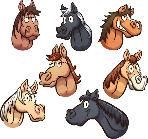 卡通男马和女马的头有不同的表情 矢量剪贴画与简单的渐变 每一层都有一层 — 图库矢量图片