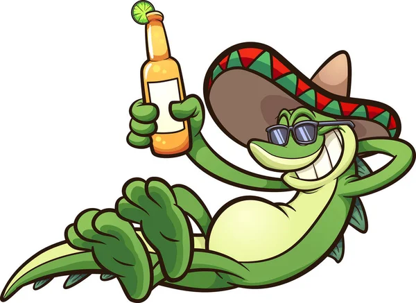 Mexican Iguana Holding Beer Vector Clip Art Illustration Simple Gradients — Stock Vector