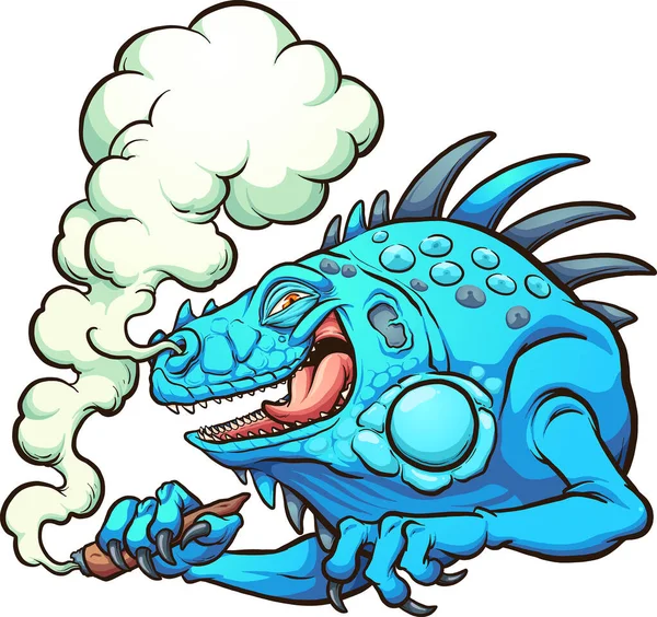 Iguana Azul Fumando Cigarrillo Marihuana Ilustración Clip Vectorial Con Gradientes — Vector de stock