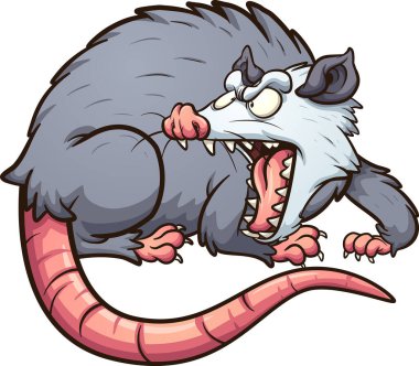 Kızgın keseli sıçan geriye bakıyor ve çığlık atıyor. Basit gradyanlı vektör karikatür çizimi. Hepsi tek bir katmanda.