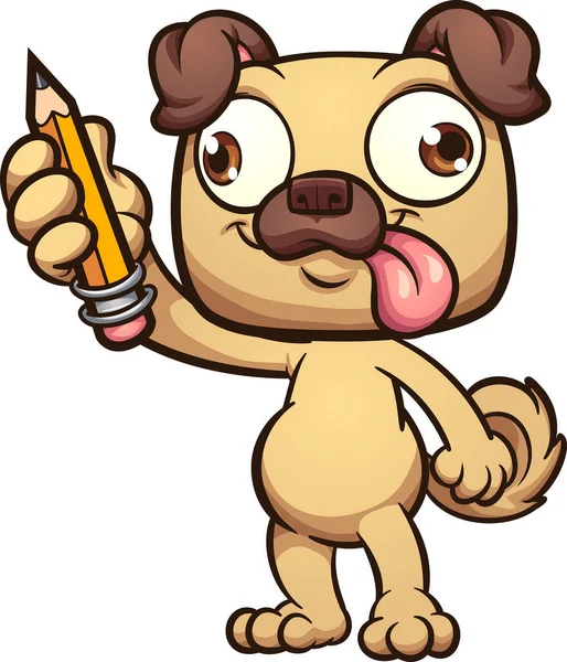 幸せな漫画の犬立って 鉛筆を保持するパグ シンプルなグラデーションでベクトル漫画クリップアートイラスト 一つの層に — ストックベクタ
