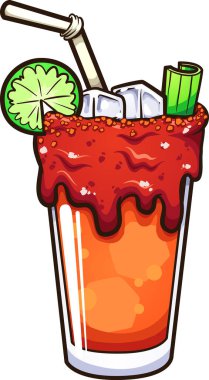 Meksikalı Kanlı Mary çizgi filmi alkolik içkisi ya da Michelada. Basit gradyanlı vektör klipsi çizimi. Hepsi tek bir katmanda.