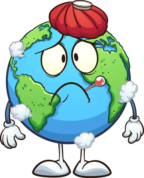 Kranker Cartoon Planet Erde Mit Thermometer Und Wasserbeutel Vektor Clip — Stockvektor