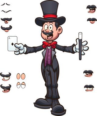 Farklı ifadeleri olan çizgi film sahne sihirbazı. Basit gradyanlı vektör karikatür çizimi. Ayrı katmanlardaki bazı elementler