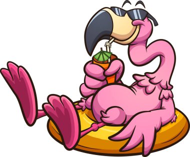 Güneş gözlüklü pembe flamingo bir cankurtaranın üzerinde dinleniyor ve tropikal bir içecek içiyor. Basit gradyanlı vektör karikatür çizimi. Hepsi tek bir katmanda.