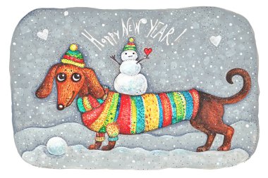 Dachshund bir kardan adam - yeni yıl elbiseli