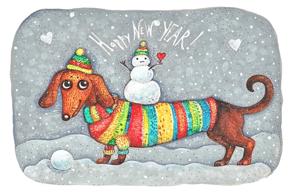 Dachshund in a suit with a snowman - New Year — Stock Photo, Image