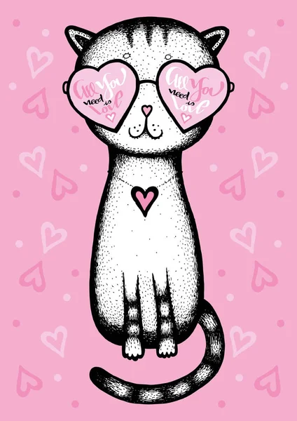 Vše co potřebujete je láska - kočičí brýle srdce na růžovém pozadí - Valentýn — Stockový vektor