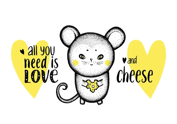 Mouse Love Cheese Yellow Hearts - Valentines Day — Stock Vector