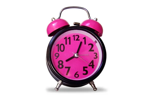 Relógio de alarme preto cor-de-rosa - objeto isolado no fundo branco — Fotografia de Stock