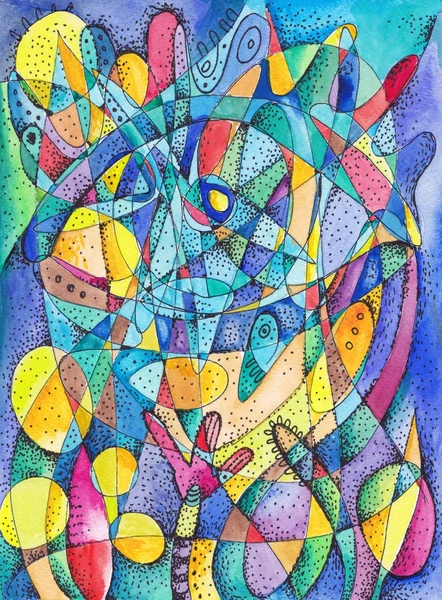 Soyut kompozisyon - renkli çizilmiş vitray pencere - çizgiler ve lekeler