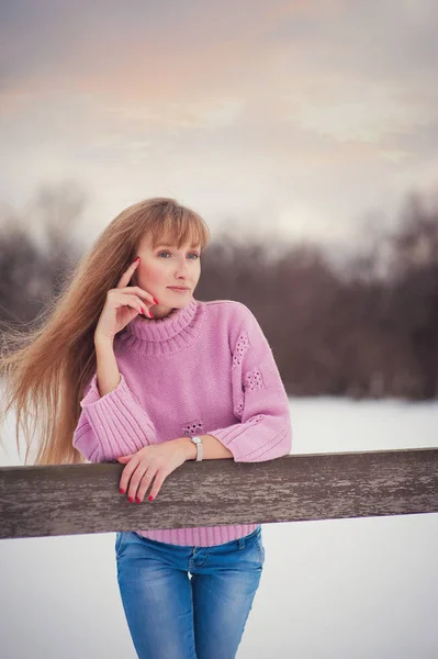 Bir Güzel Gün Kış Kar Parkta Güzel Kız — Stok fotoğraf