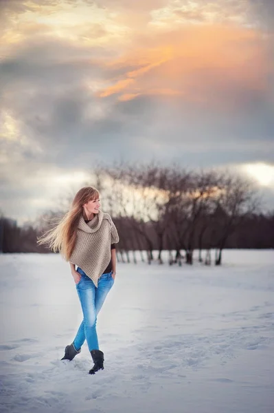 Bir Güzel Gün Kış Kar Parkta Güzel Kız — Stok fotoğraf