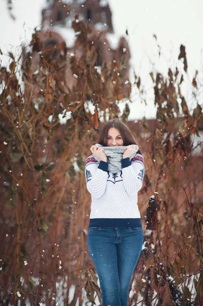 Hermoso Retrato Mujer Alegre Una Ciudad Chica Sonriente Tiempo Navidad —  Fotos de Stock