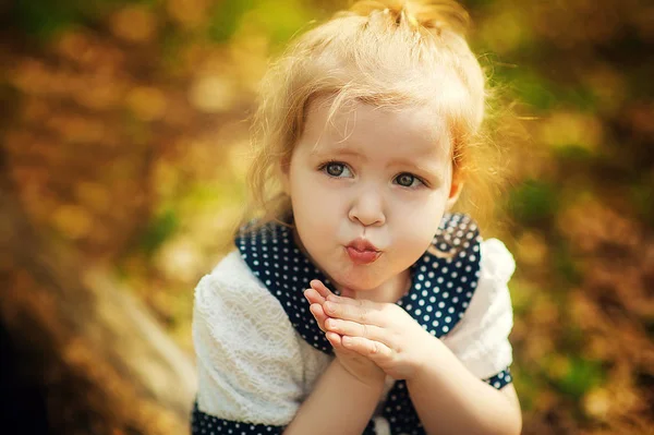 Little Funny Girl Sitting Yellow Leaves Park Child Walk Autumn — Stock Photo, Image