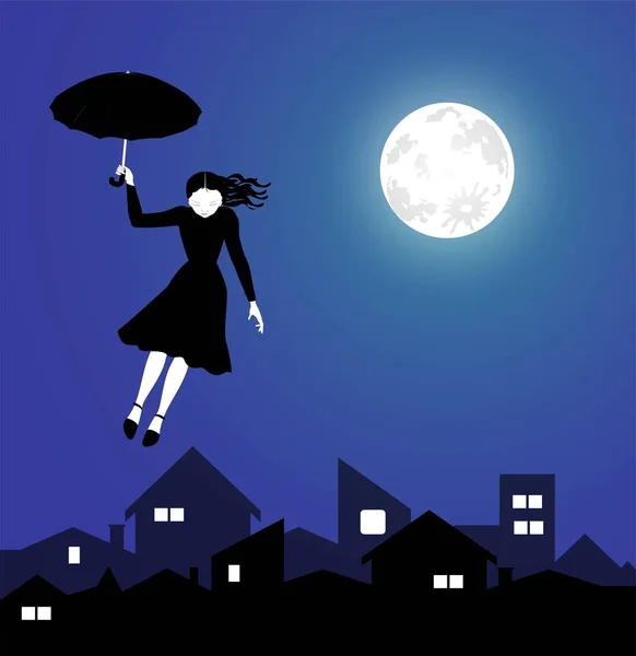 Young girl flying in the night sky — Stock Vector
