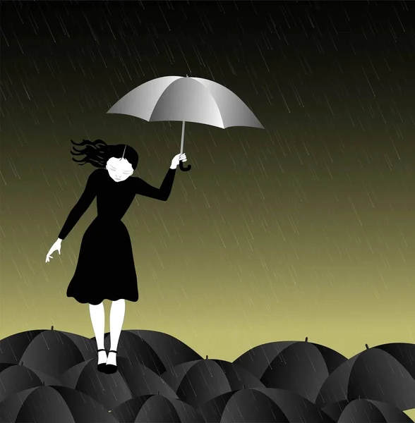 Kvinna med paraply gå på paraplyer — Stock vektor
