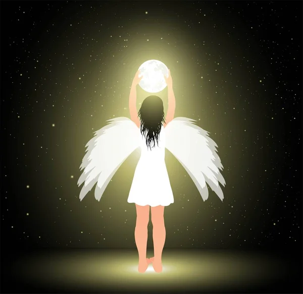 Крылатый ангел держит и луна — стоковый вектор