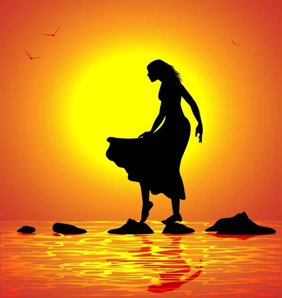 Girl walking on the sea at sunset — Stock Vector