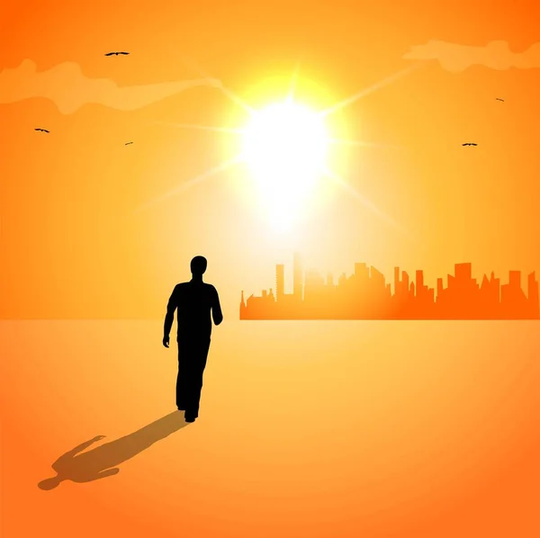 Hombre caminando al atardecer — Vector de stock