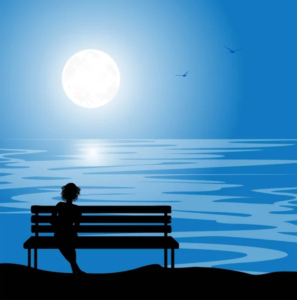 Woman silhouette on  bench in the night — Stock Vector