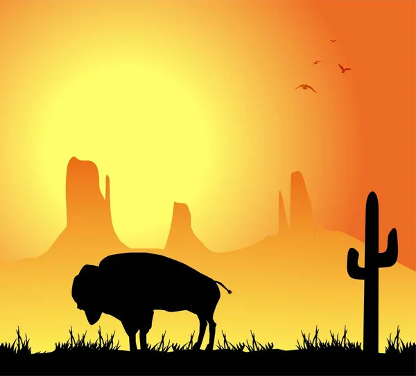 Silueta de bisonte al atardecer — Vector de stock