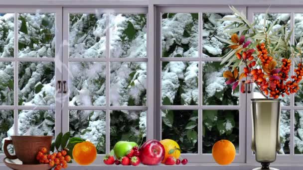 Winter window still life frost — Stock Video