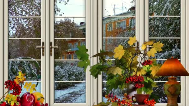 Invierno ventana nieve ciudad casa — Vídeo de stock