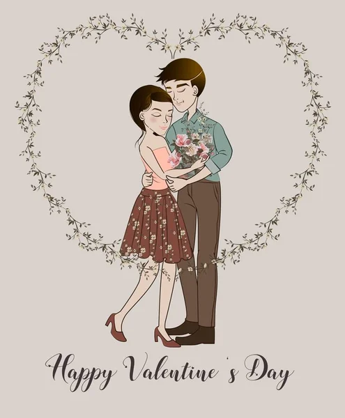 Glücklicher Valentinstag Mit Liebhaber Und Blumenherzform Vektor — Stockvektor