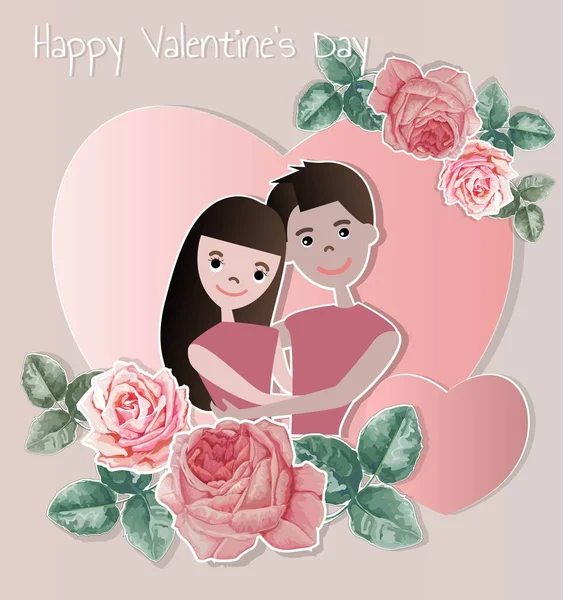 Buon San Valentino Gli Amanti Con Rose Rosa Sul Telaio — Vettoriale Stock